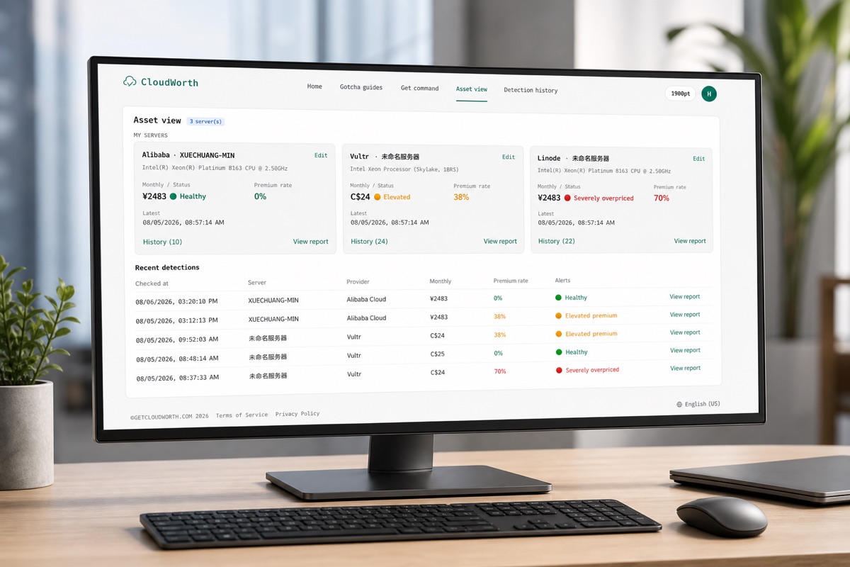 CloudWorth asset view on desktop — cloud server cost and overselling overview